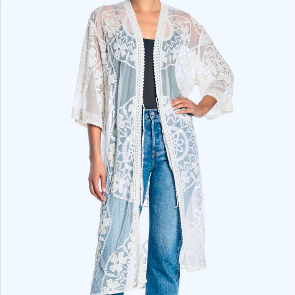 Lace mesh embroidered boho kimono NWT large white - Picture 1 of 6